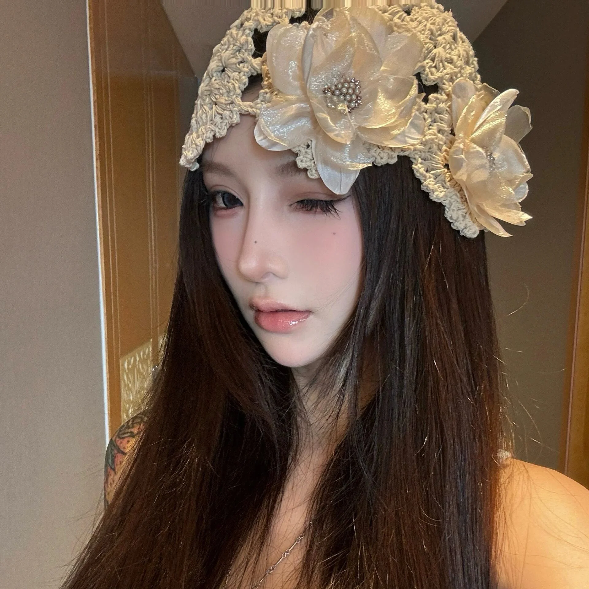 fashionable-bohemian-knitted-pearl-flower-hat-women's-trendy-hollow-out-design-spring-autumn-winter-seasonal-all-gender-cap