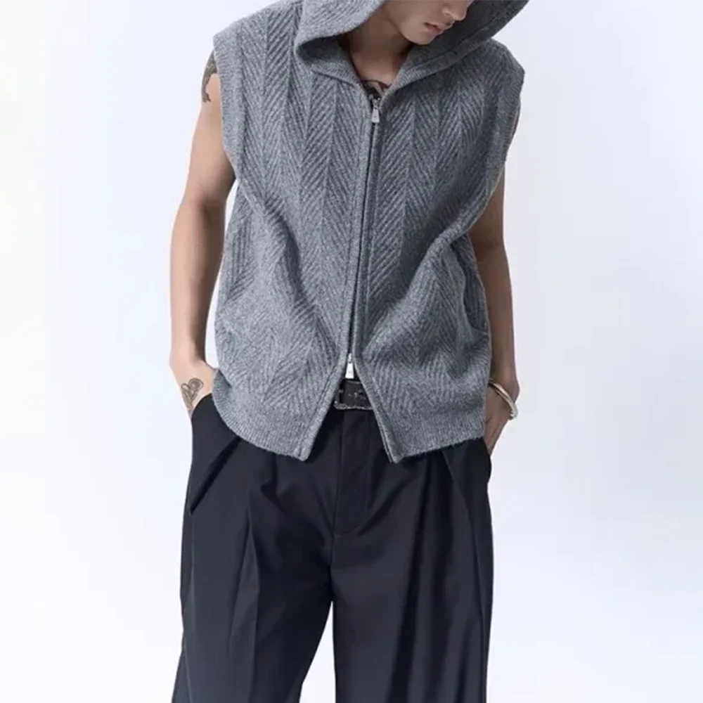 

Мужской осенний жилет, текстурированный вязаный свитер с капюшоном и двойной молнией, модный повседневный уличный универсальный модный топ на бретелях, мужская одежда, новинка