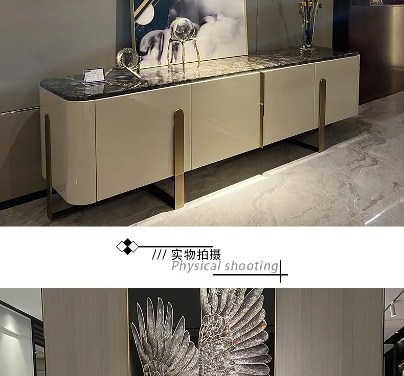 Italian light luxury solid wood TV cabinet hardware base marble surface floor villa post-modern home