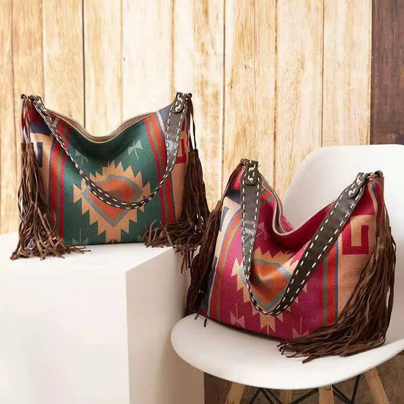 2026 Fashionable retro cotton and linen canvas large bag eye-catching and versatile single-shoulder crossbody fringe bag