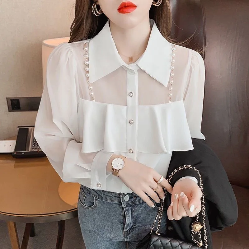 2024 Spring and Autumn New Elegant Women\'s Shirt Long-sleeved Base Shirt Women\'s Loose Chiffon Shirt Inner and Outer Blouse