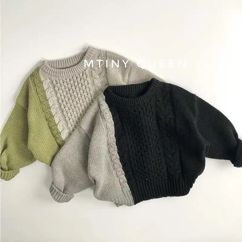 

Boys Girls Chic Sweater 2025 Spring Autumn New Korean Fashionable Casual Daily Color Block Long Sleeve Loose Knitted Pullover