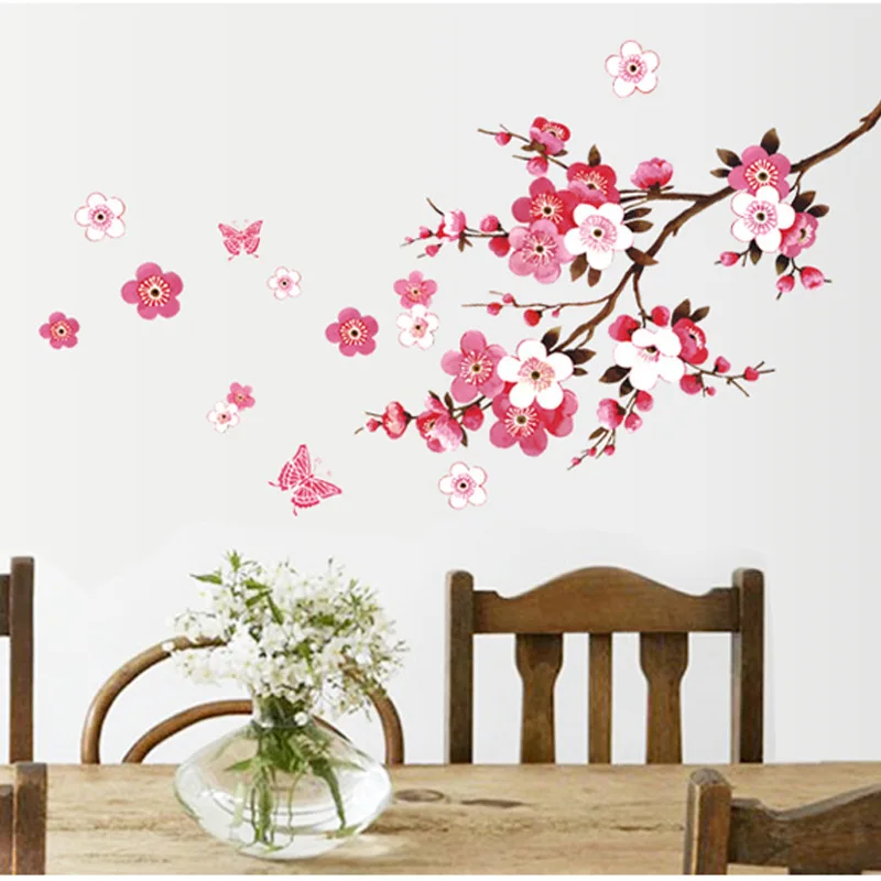 Beautiful Pink Sakura Flowers Wall Sticker For Living Room Bedroom Home Decorations Diy Plant Mural Art Pvc Wall Decal