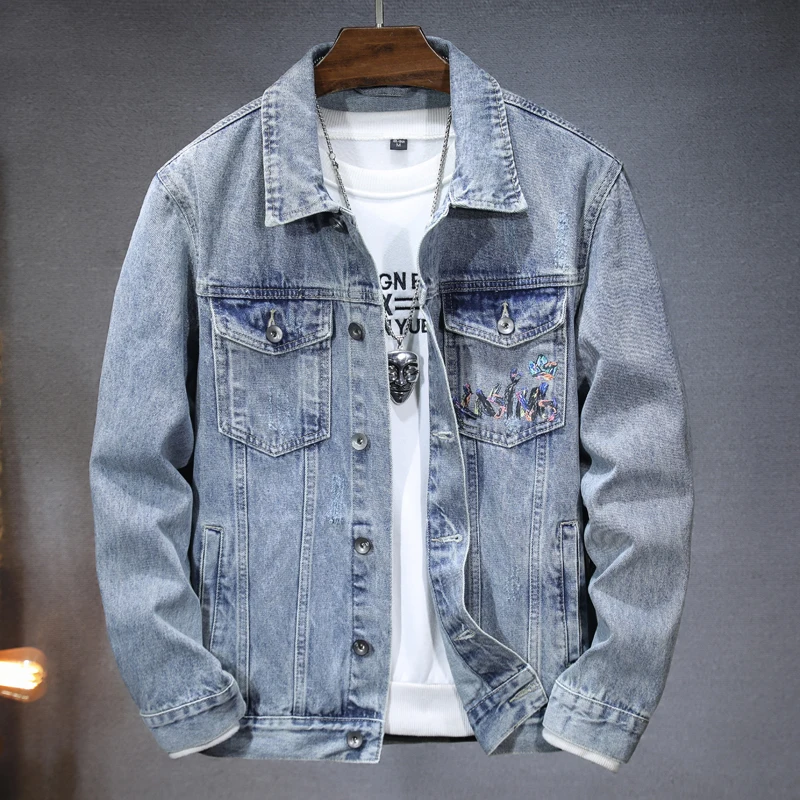 2024 Autumn New Trendy Street Cowboy Jacket Men's Retro Washed Fashion Cartoon Printed Casual Loose Denim Coat