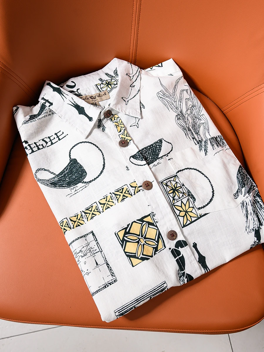 

Men's Summer Vintage Print Washed Cotton Short Sleeve Shirt Moisture Wicking Breathable Standard Fit Youth Fashion Casual Shirt