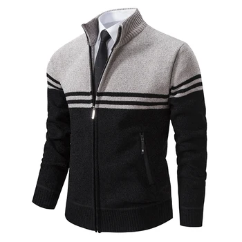Men's New Winter Sweater Thick Fleece Warm Sweater Casual Stand Collar Zipper Cardigan Fashion Striped Coat 3