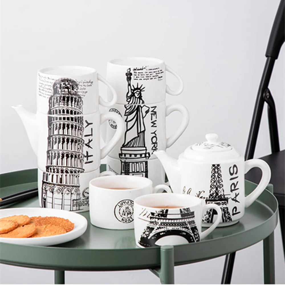 Hand Drawn Statue of Liberty, Leaning Tower of Pisa, Eiffel Tower, Elizabeth Tower Tea Set With 450ml Tea Pot 2 180ml Tea Cup