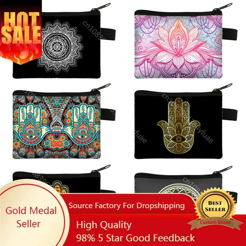 

Hamasa Hand of Fatima Print Coin Purse Lucky Hamsa Coin Bag Mandala Flower Earphone ID Credit Card Key Holder Small Wallet Gift