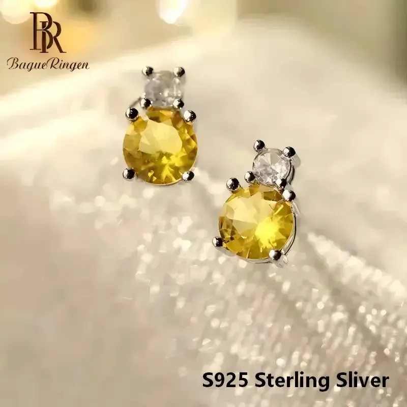 BR Natural Lemon Crystal Stud Earrings for Women, S925 Sterling Silver Premium Yellow Gemstone, High-End Fashion Jewelry Gift