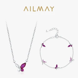 Ailmay Pink Butterfly Bracelet Necklace 925 Sterling Silver Jewelry Set For Women Romantic Wedding Jewelry