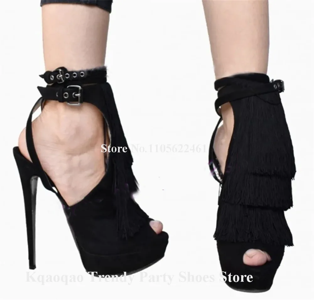 Kqaoqao Charming Yellow Blue Red Suede Tassels Stiletto Heel Pumps Peep Toe Ankle Straps Fringes Platform Party Heels 4