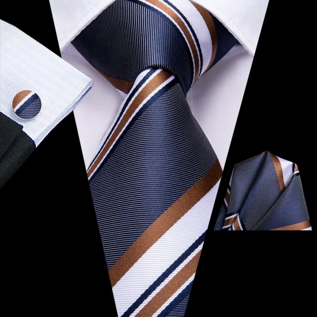 Grey White Striped 2023 New Elegant Men Tie Hanky Cufflink Silk Necktie For Men Wedding Party Business Fashion Brand Hi-Tie