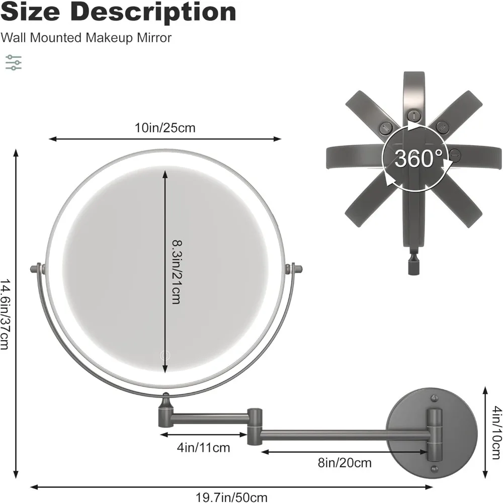 10-Inch Wall Mounted Makeup Mirror with Magnification, Rechargeable 3000mAh LED Vanity Mirror with Dimmable Lights