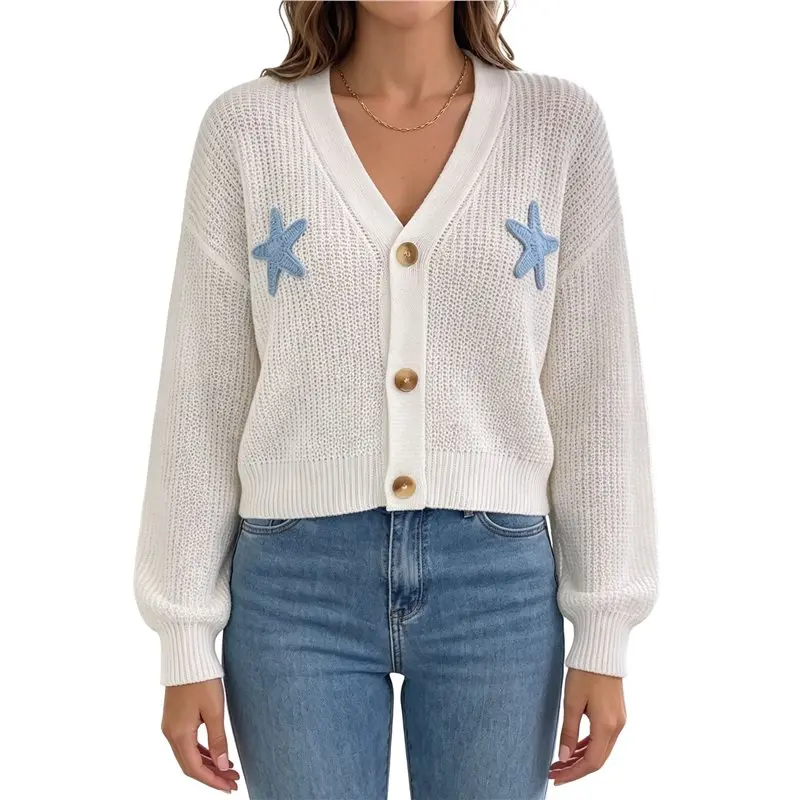 CYL-Women's V Neck Cropped Knit Cardigan Handmade Star Patches Button Down Loose Sweater Coat