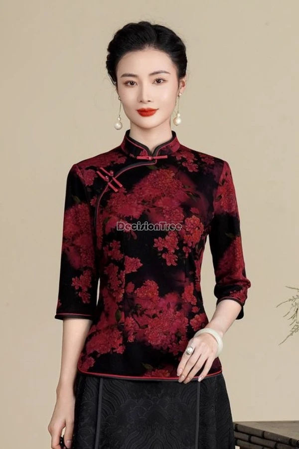 

2025 retro chinese traditional style women tang suit top half sleeve stand collar flower printed elastic cotton cheongsam blouse