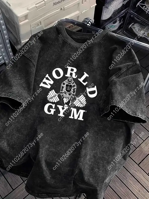 

Футболка в стиле ретро WORLD GYM для мужчин и женщин, винтажная футболка высокого качества, хлопковая модная футболка с короткими рукавами, мягкие дышащие топы