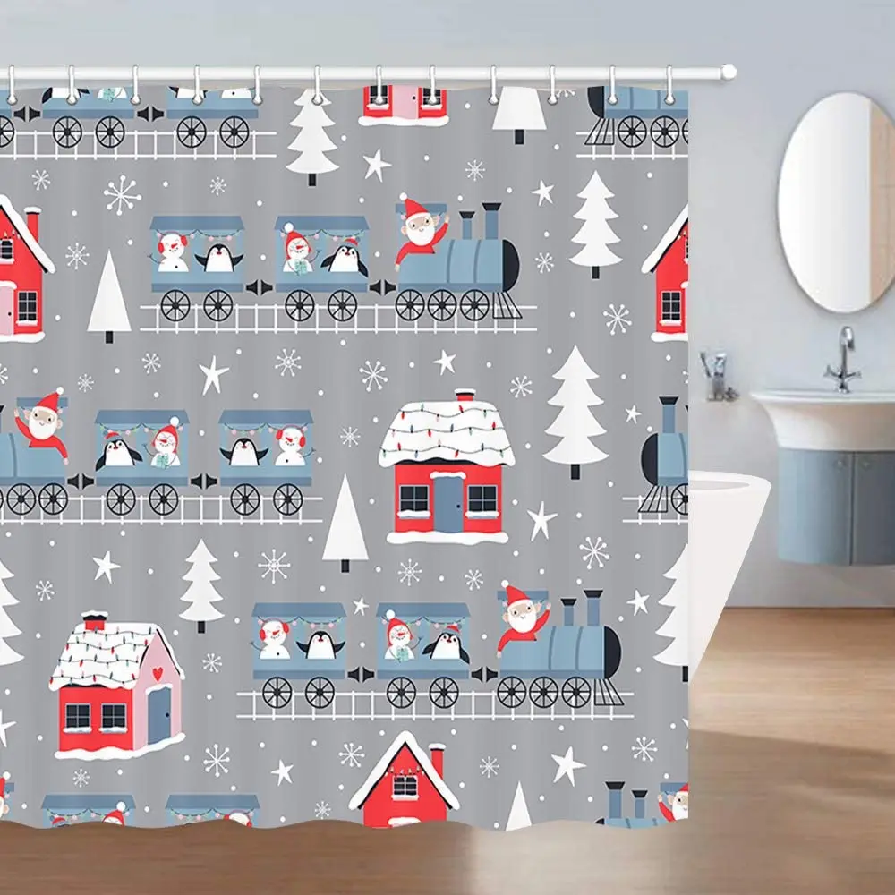 Christmas Shower Curtain Santa Claus Snowman and Penguin Riding The Holiday Train Polyester Fabric Bath Curtains with Hooks