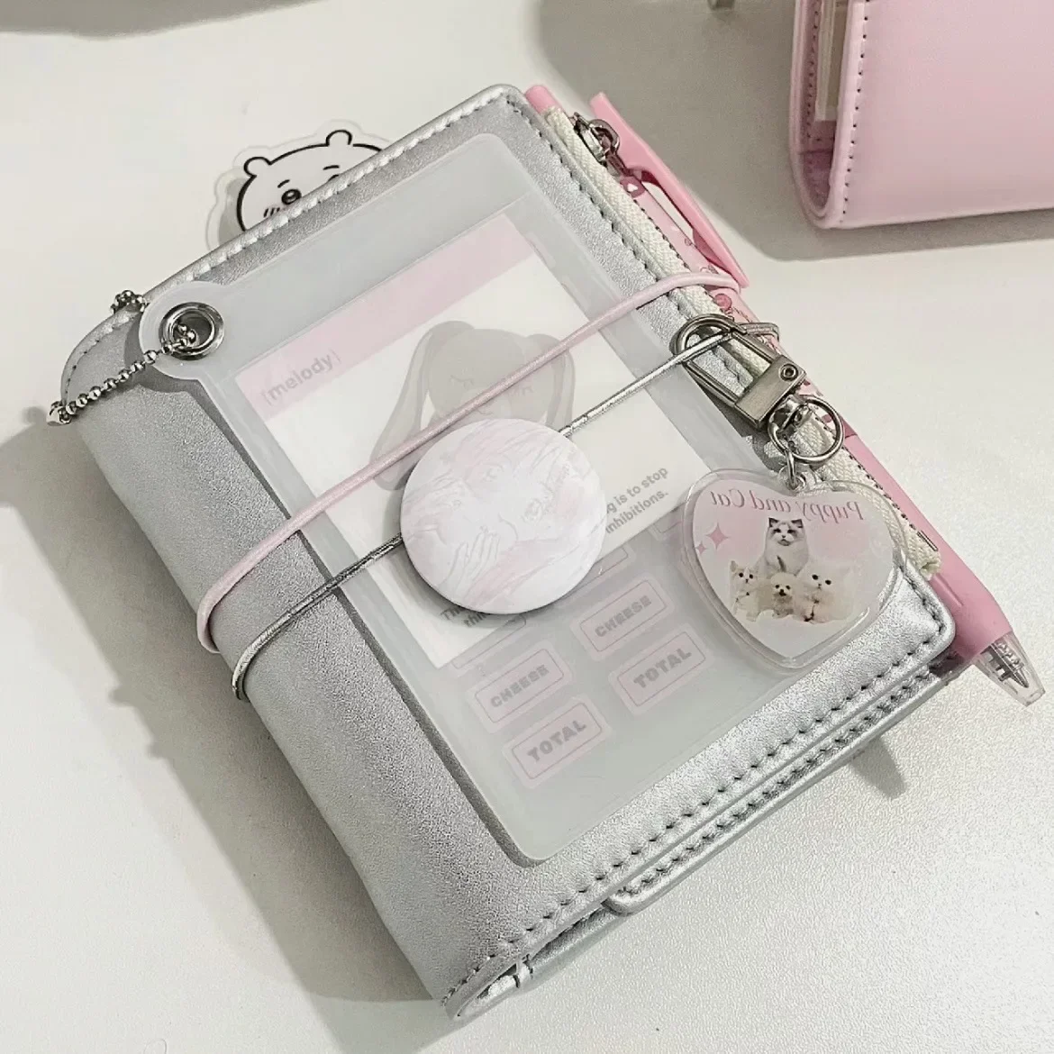 Flash Silver M5 Loose-leaf Handbook Girls Pocket Notebook Portable Planner Leather Card Storage Book Notebooks and Journals