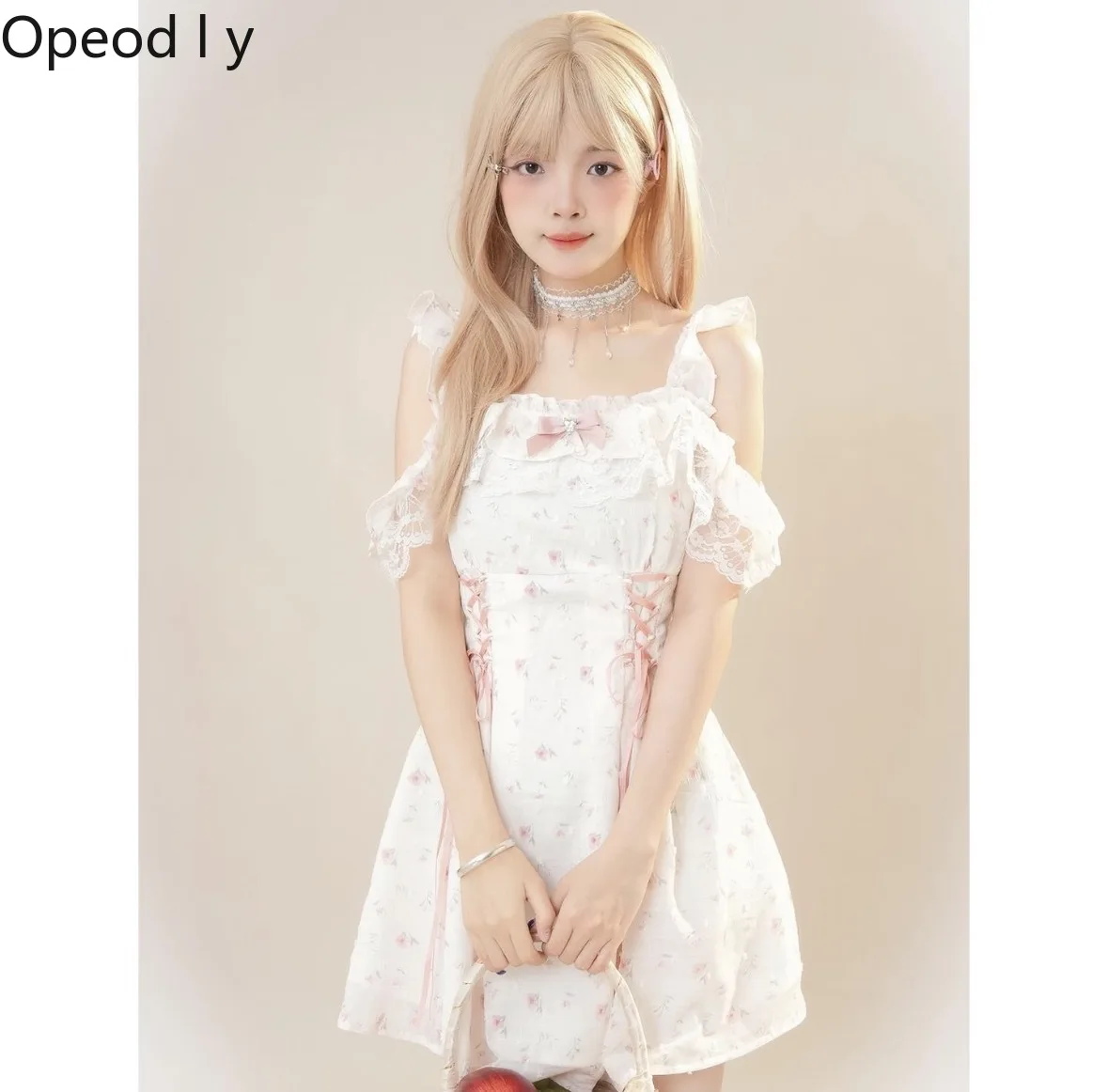 

Gentle Sweet Japanese Original Lolita Women's Dress 2026 Summer New High-waisted and Thin Straps Off-the-shoulder Floral Dress