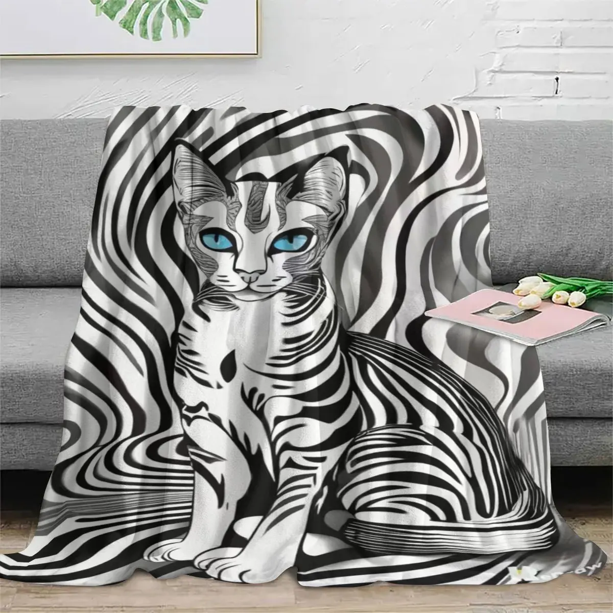 Large Zebra Cat Pop Art Print Throw Blanket Bed Decor Cozy Modern Black White 150x200cm
