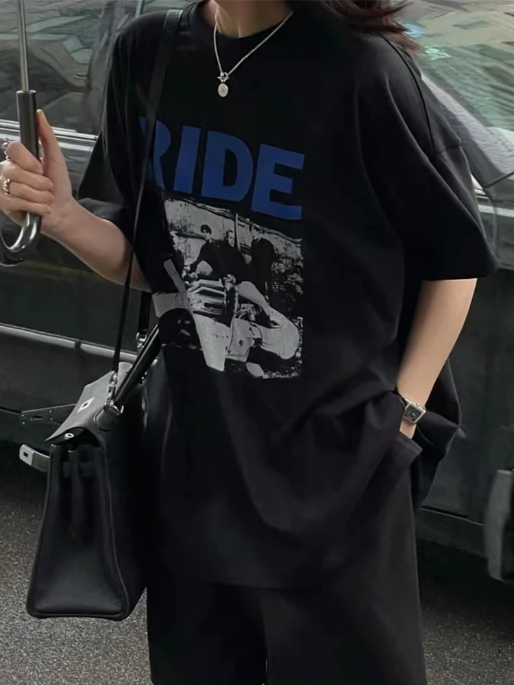 

Street Sle Loose Fit ort Sve T-irt Bla Color Blo Print Casual Women's Top round Ne Cotton Summer Faion