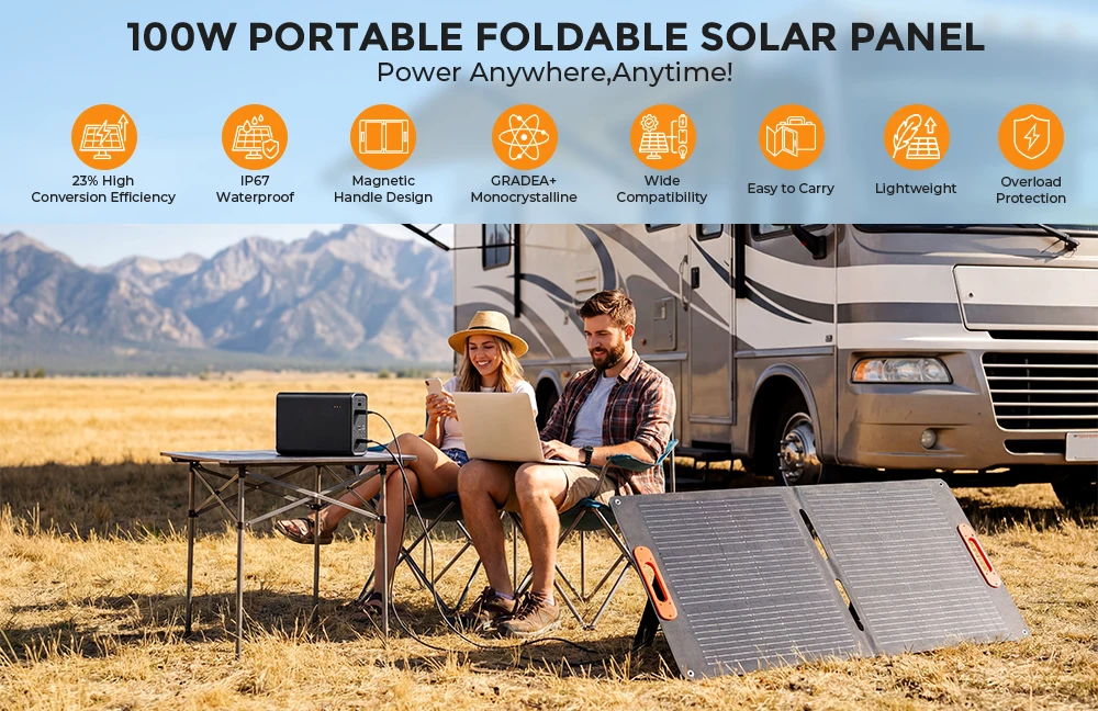 RVPOZWER 100W Rigid Monocrystalline Solar Panel Integrated Design IP68 Waterproof 25.5% High Efficiency Portable Solar Charging Panel for Power Station RV Outdoor Camping Home Off Grid Power
