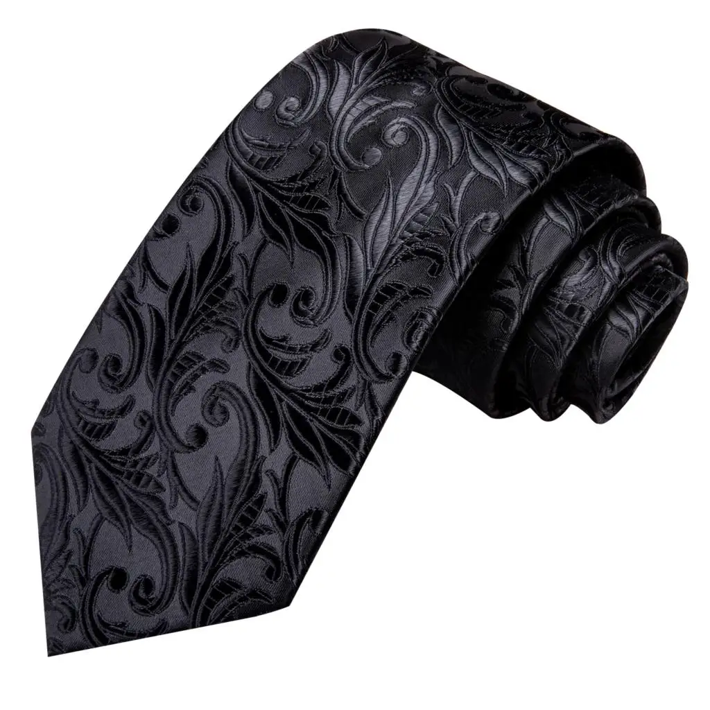 Hi-Tie Black Floral Silk Wedding Tie For Men Handky Cufflink Gift Necktie For Men Fashion Design Business Party Dropshiping