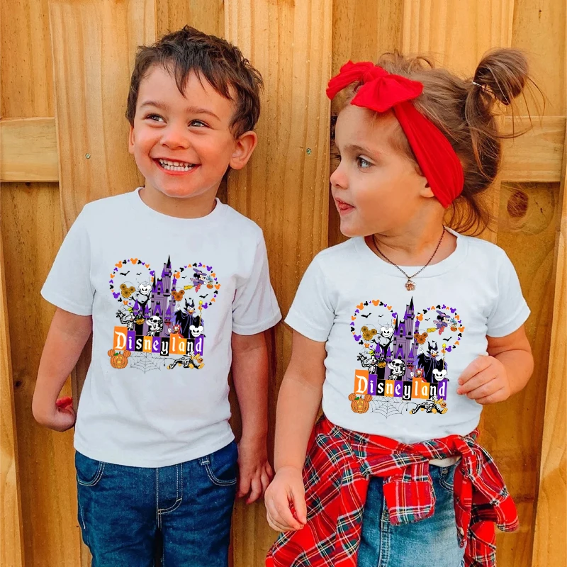 New Disneyland Halloween Family Matching Outfits Funny Mickey Head Castle Dad Mom Kids Shirts Look Disney Halloween Trip Clothes