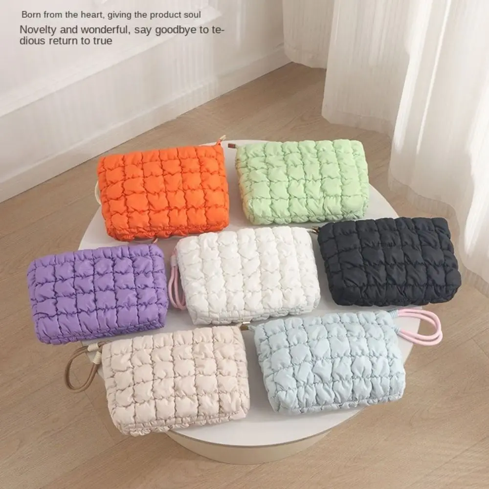 Sweet Korean Style Puffy Makeup Pouch With Zipper Solid Color Cloud Handbag Large Capacity Soft Cosmetic Bag Women Girls