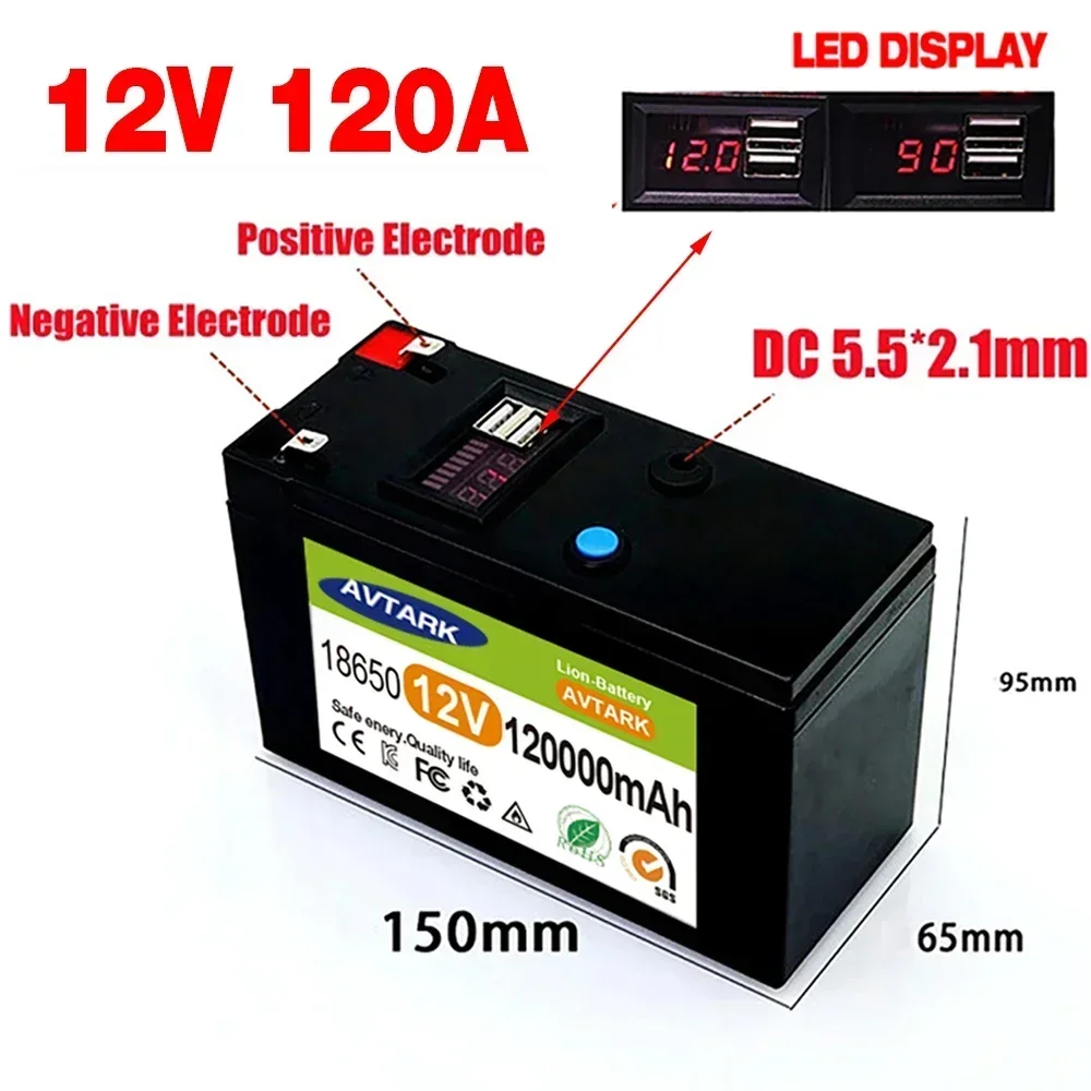 Imagem -02 - Bateria de Lítio Recarregável Portátil Atualizada Built-in Usb Power Display Port Carregamento Lifepo4 12v 120ah 5v 2.1a 2024