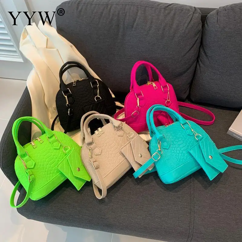 Small Crocodile Grain Women Tote Bag Solid Color Top Handle Bags Crossbody Shoulder PU Leather Lanyard Purse with Coin Purses