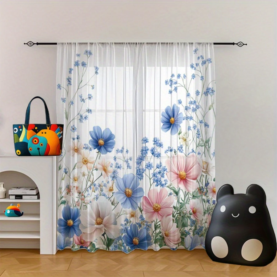 2PCS Digital Print Sheer Curtains, Blue Pink Flower Cluster, Dreamy Pastel Floral Garden for Bedroom Living Room Home Decor