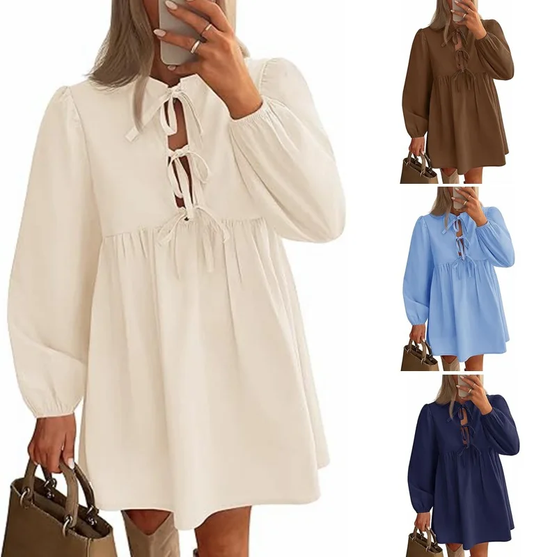 Frühling Casual Süße Hemd Kleid frauen Langarm Rundhals Lose Hoodie Kleid Strand Einfarbig Festival Bowknot Kleid