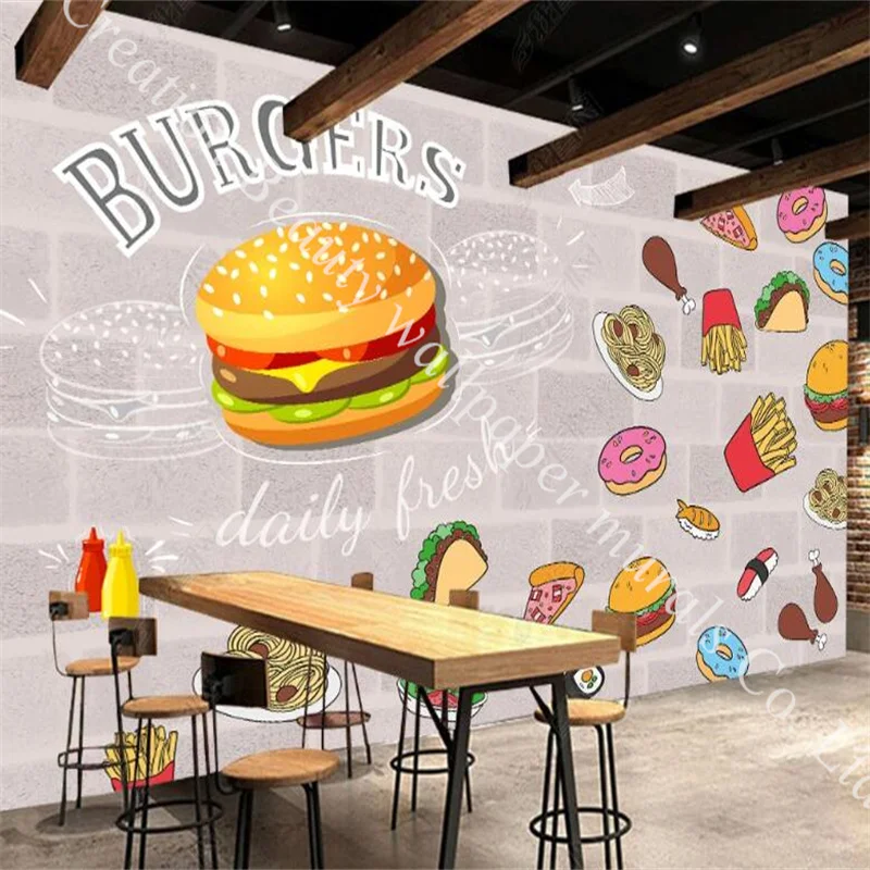 Kertas dinding latar belakang dinding bata Hamburger Eropa dan Amerika kertas dinding 3d dekorasi dinding Restoran Makanan Cepat kertas dinding Mural berperekat