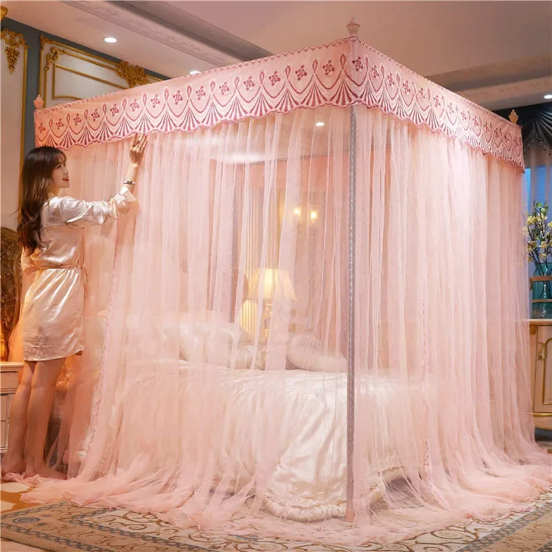 Pure Color Lace Princess Palace Mosquito Net Floor Stand with Frame Canopy Bed Curtains with Bracket 4 Corner 3 Side Openings