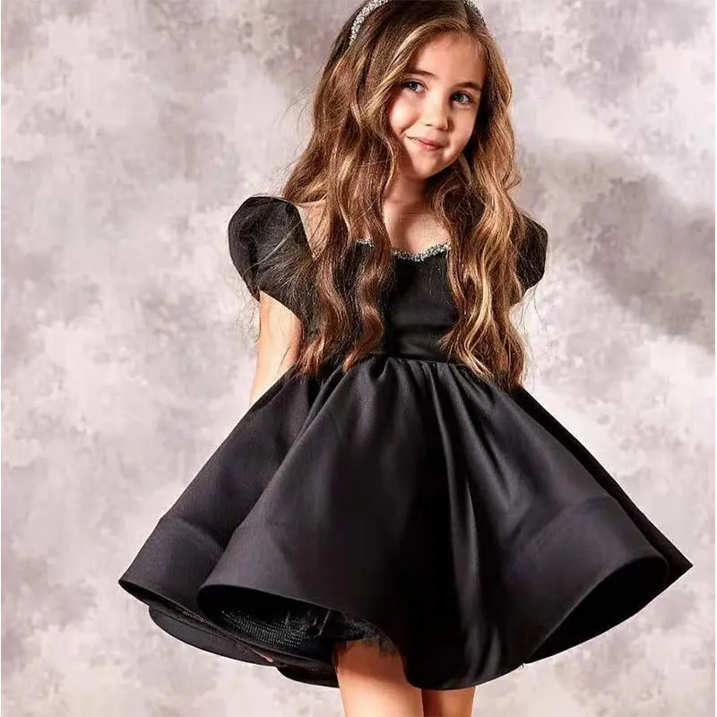 

Bow Elegant Solid Summer Puff Sleeve Baby Party Dress Square Collar Pleated High Waist Zipper Children Dresses Vestidos