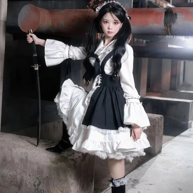 2025 Nuovo giapponese coreano retrò dolce lolita vestito set donne Y2K vintage abiti cosplay anime ragazza nero set di abiti a maniche lunghe