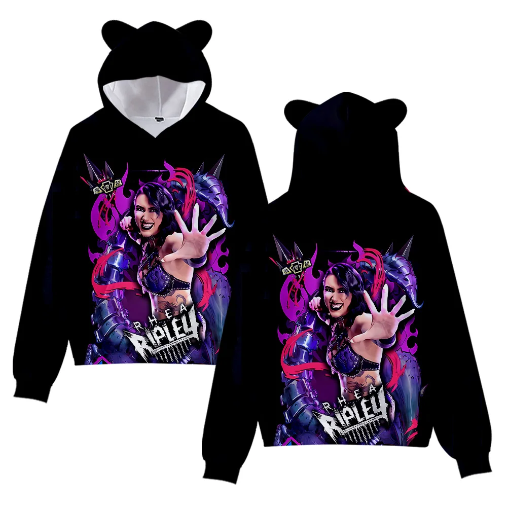 Rhea Ripley Merch Hoodies Sweatshirt für Mädchen, Katzenohr-Crop-Pullover, bedruckte Freizeitkleidung