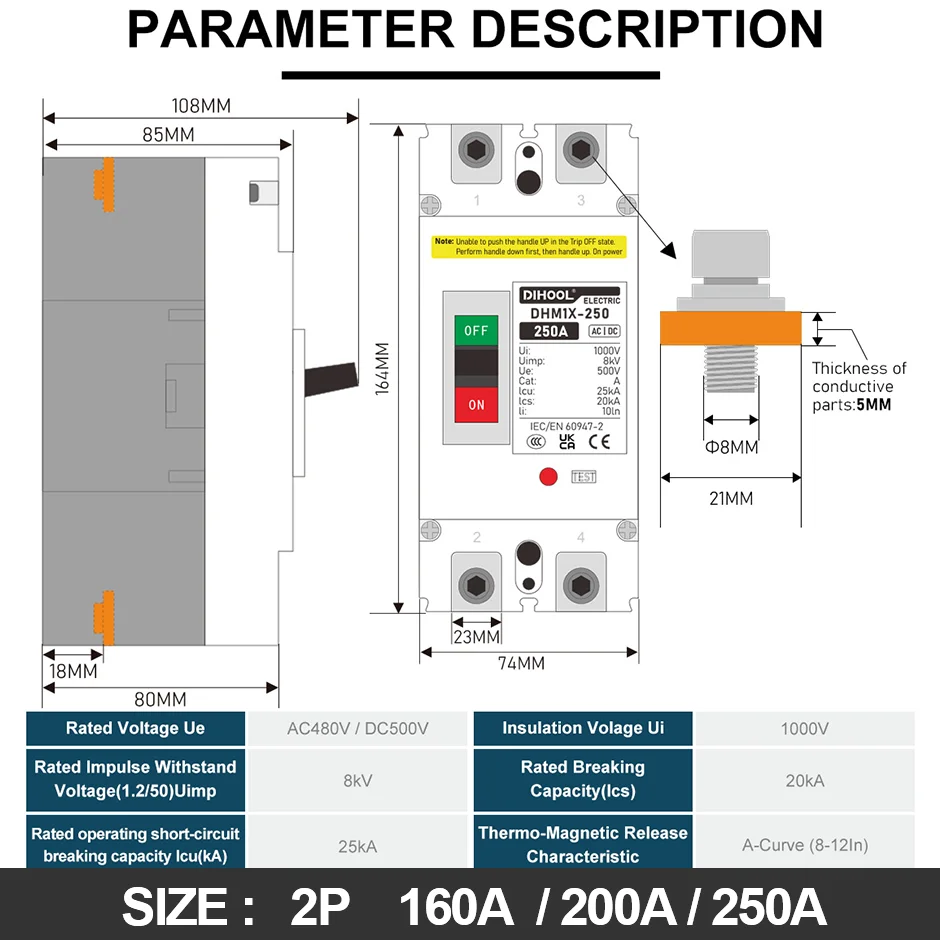 MCCB 500V 25KA Molded Case circuit breaker 100A 160A 200A 250A Photovoltaic PV Battery DC/AC Circuit breaker