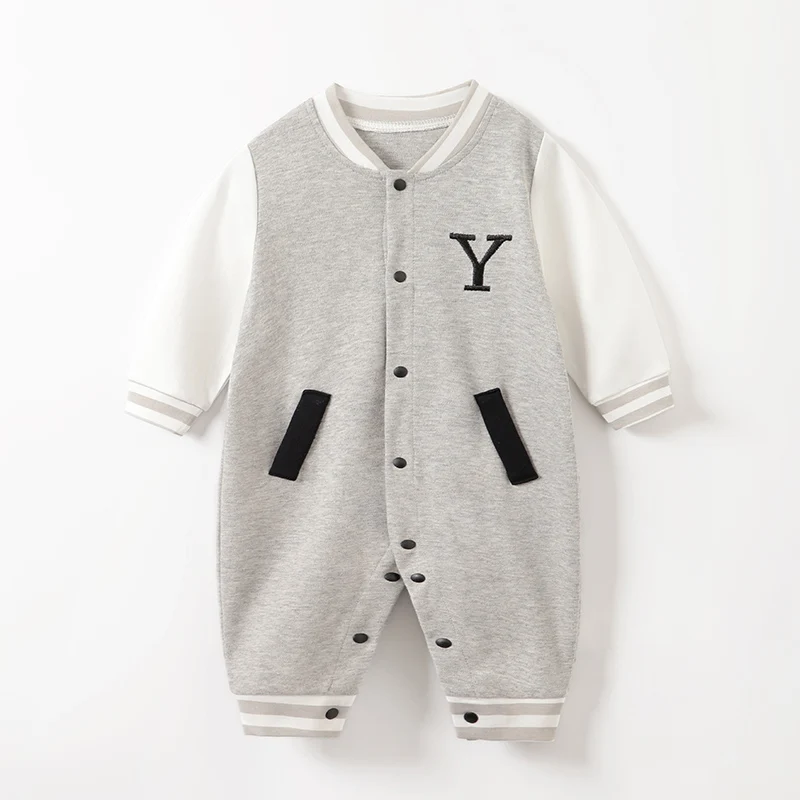 Jumpsuit Newborn Baby Baseball uniform Spring and Autumn 0-18 months Boys Cotton Baby Onesie Clothes Romper Embroidery gray