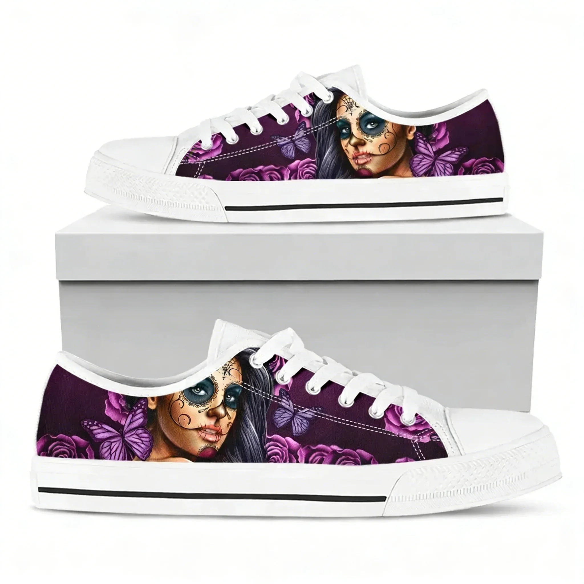

Purple Butterfly Sugar Skull Girl Zapatillas De Deporte De Mujer Fashion Lace Up Canvas Sneakers Light Breath
