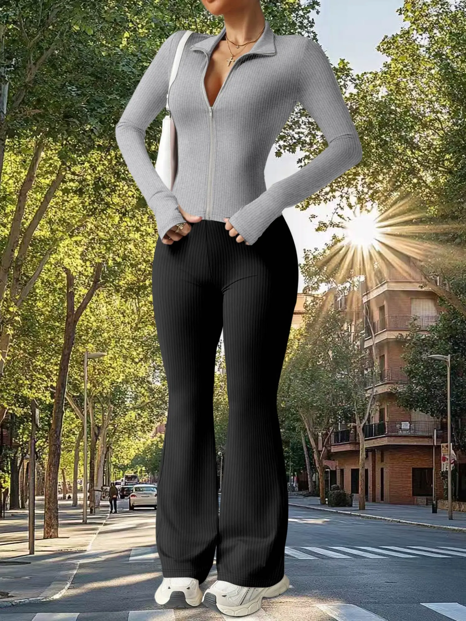 Solid Color Women's 2 Piece Knit Outfit, Long Sleeve Slim Top & High Waist Wide Leg Pants, Fashion Casual Tracksuit