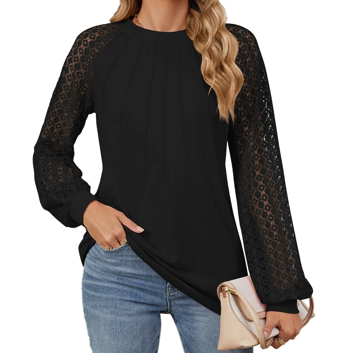 T-shirt en tricot gaufré monochromatique à manches creuses en dentelle pour femmes, chemises à col rond pour femmes, chemise basique mince pour dames, décontracté et sexy, printemps et automne