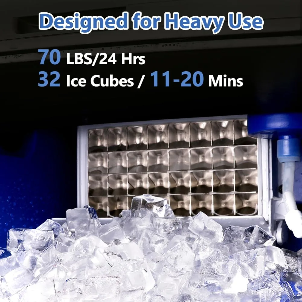 Commercial Ice Maker Machine, 70 LBS/24H Under Counter Large Ice Machine w/ 10 LBS Capacity Ice Storage Bin, 2 Water Inlet Modes