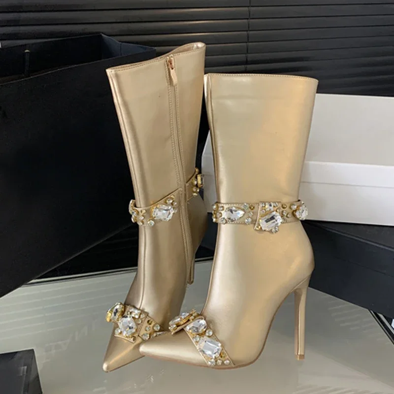 Herbst Winter Zip Gemütliche Leder Stiefeletten Frauen Hohe Qualität Kristall Diamant Spitz Stiletto Heels Party Prom Schuhe