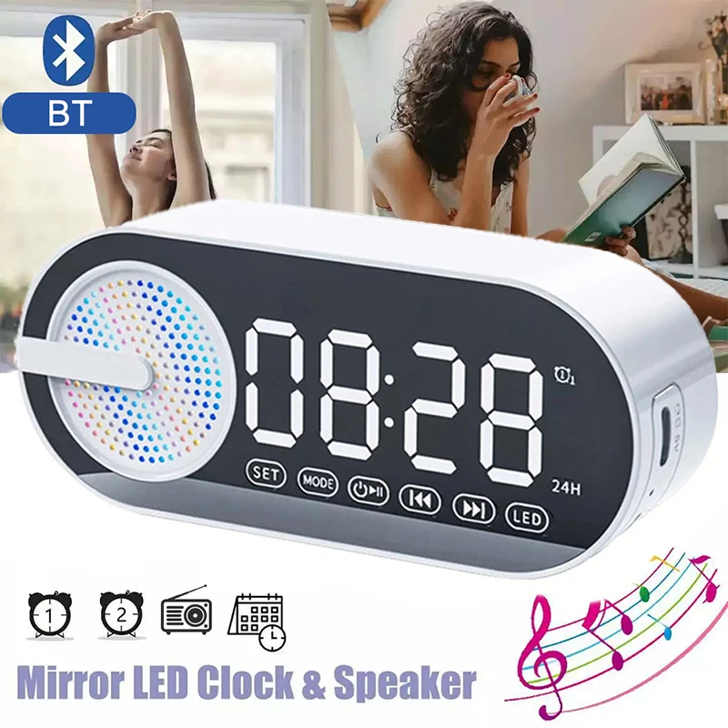 Mini Mirror Digital Alarm Clock Timer Rechargable Wireless Clock 2 Alarms FM Radio Wireless Speaker Subwoofer Desktop LED Clock