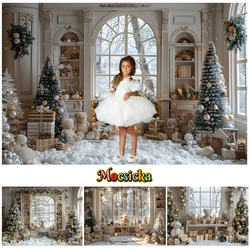 Mocsicka Winter Indoor Christmas Photography Background Window Snowflake Xmas Tree Decor Cake Smash Kids Portrait Photo Backdrop