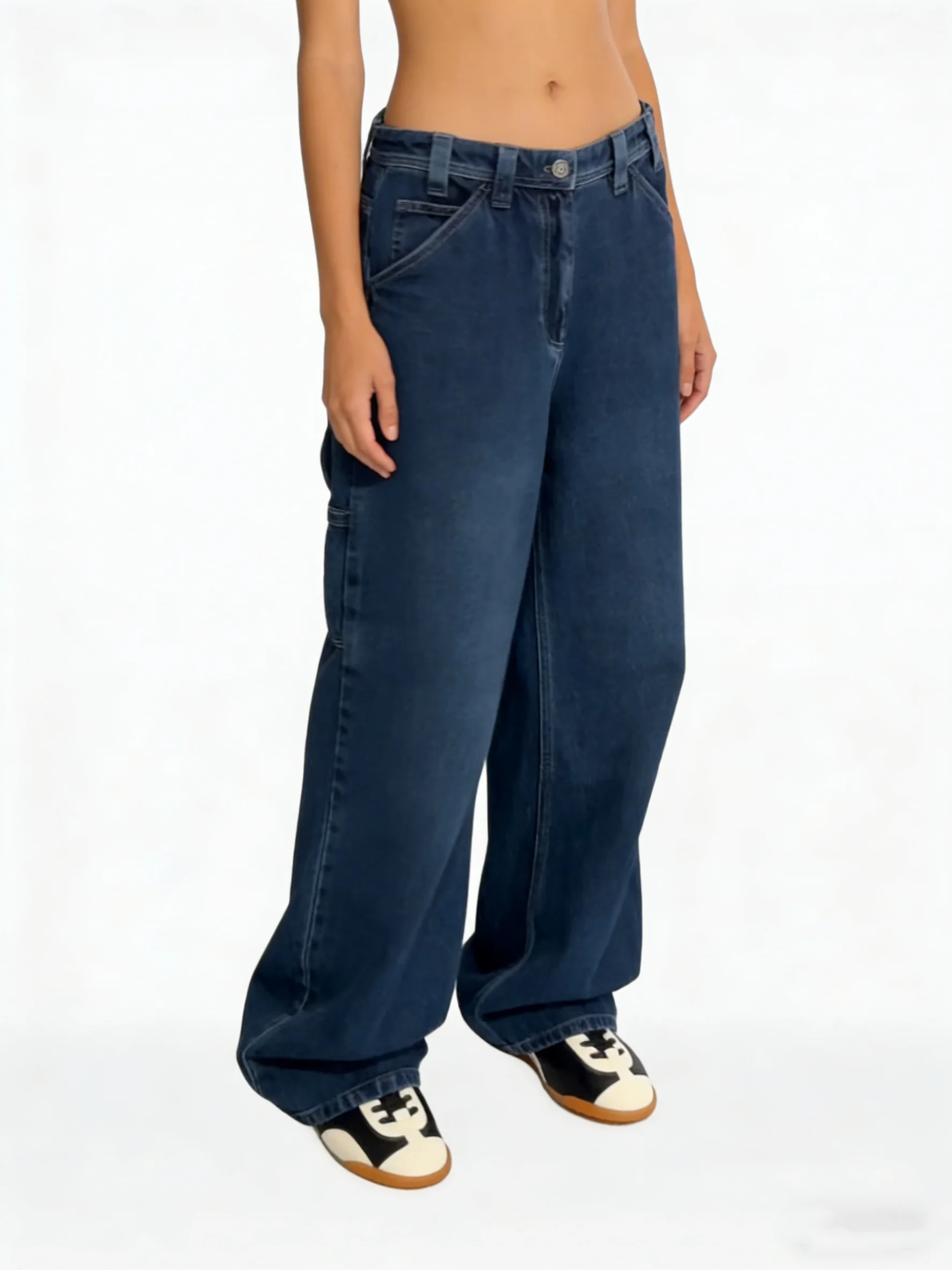 

Luxury Soft Retro Workwear Denim Jeans Women Low Waist Wide Leg Vintage Cargo Pocket Streetwea