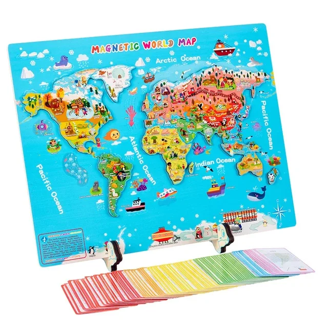 Drewniane puzzle z mapą świata z flagami narodowymi z tyłu i 92 fiszki Country, zabawki edukacyjne do nauki geografii