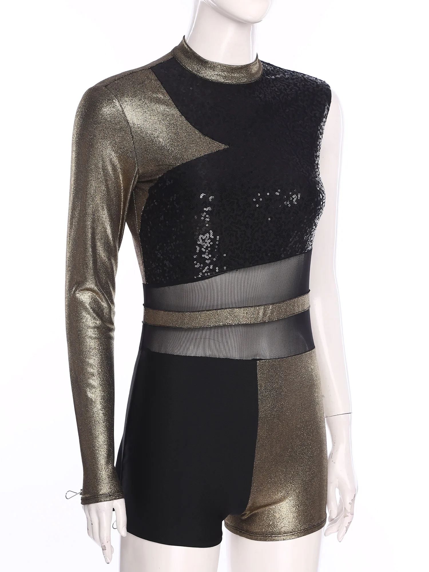 Asymmetrischer Damen-Body für lateinamerikanischen Tanz, rückenfrei, Boyshort, glänzende Pailletten, metallisch glänzendes Trikot, Chacha, Ballett, Ballsaal, Tanzkleidung